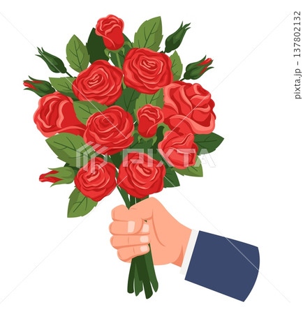 Hand of man in blue suit is holding beautiful bouquet of red roses. Male arm giving flowers bunch. Anniversary gift. Lover proposal. Romantic dating. Blooming blossoms. Vector concept 137802132
