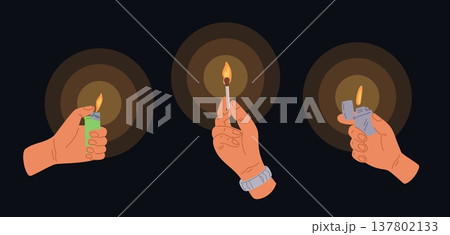 Hands holding burning metal and plastic lighter and match on dark background. Fire glow. Flame shine in arms. Darkness lighting. Flammable equipment. Gasoline candlelight vector set 137802133