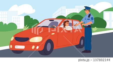 Male police officer stopped car with woman who had committed traffic violation. Driver breaking law. Automobile at road. Female driving vehicle. Transport regulation. Vector concept Male police officer stopped car with woman who had committed traffic violation. Driver breaking law. Automobile at road. Female driving vehicle. Transport regulation. Vector concept 137802144