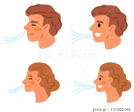 Men and women breathe air by inhaling through nose and exhaling through mouth. Blowing oxygen stream. Meditation exercise practice. Deep inhalation. Vector concept of proper breathing Men and women breathe air by inhaling through nose and exhaling through mouth. Blowing oxygen stream. Meditation exercise practice. Deep inhalation. Vector concept of proper breathing 137802146