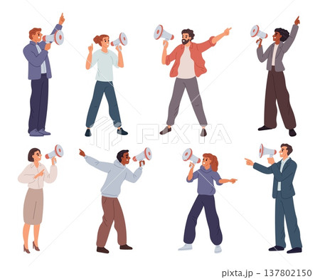 Men and women with megaphones in hands point fingers in different directions. Propaganda and agitation. Demonstration activist. Characters with loudspeakers. Vector public speakers set Men and women with megaphones in hands point fingers in different directions. Propaganda and agitation. Demonstration activist. Characters with loudspeakers. Vector public speakers set 137802150