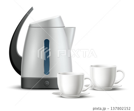 Realistic electric kettle and two white porcelain tea cups insulated on white background. Metal teapot. Household appliance. Kitchen equipment. Ceramic mugs. Vector isolated 3D objects 137802152