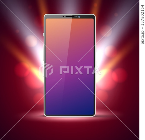 Realistic presentation of mobile phone. 3D device show. Smartphone marketing. Bokeh light glow. Blank screen. Gadget touchscreen. Vector template for advertising or designing new product 137802154