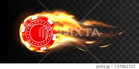 Realistic red casino chip on fire. Gambling coin in flame. Vegas winning isolated token in transparent background. Blazing bet circle flight. Vector design element for gamble advertising 137802155