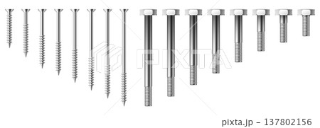 Realistic screws and bolts of various sizes. Silver rivets side view. Hardware assortment. Self-tapping fastening. Carpentry tool. Vector set of steel fasteners on white background 137802156