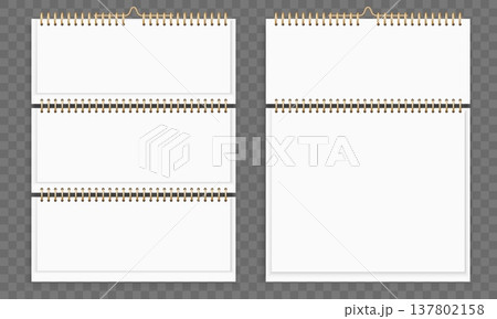 Realistic template for tear off or flip calendar on transparent background. Organizer sheets. Notepaper with ring binder. Pinned notepad at wall. Vector office stationeries isolated set Realistic template for tear off or flip calendar on transparent background. Organizer sheets. Notepaper with ring binder. Pinned notepad at wall. Vector office stationeries isolated set 137802158