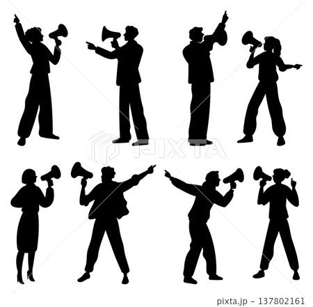 Silhouettes of men and women with megaphones arguing with each other. Furious quarrel. Angry people with loudspeakers. Misunderstanding and divorce. Shouting blames. Vector couples set 137802161