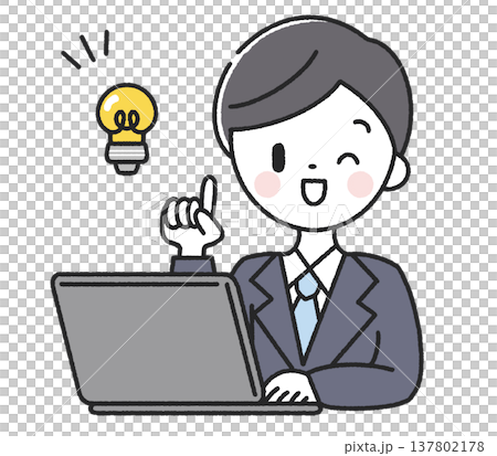 パソコンの前でアイデアをひらめいた男性社員 パソコンの前でアイデアをひらめいた男性社員 137802178