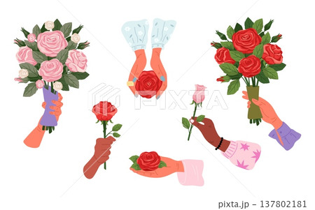 Womens hands holding bouquets and buds of red and pink roses. Isolated female arms with beautiful blooming blossoms. Flower on palm. Giving gesture. Bunch of peonies. Vector floral set 137802181