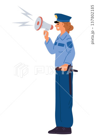 Young female police officer with megaphone in hand makes important announcement. Public speaker. Sheriff announce. Woman with loudspeaker. Policeman message. Patrol info. Vector concept 137802185