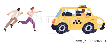 Young man and woman are running after yellow taxi. Couple try to catch cab. People chase automobile. Hurrying passengers run. City transportation. Driver in vehicle cabin. Vector concept 137802201