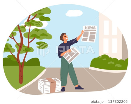 Young man sells paper newspapers with breaking news. Street seller. Newsboy shouting announce of selling journals. Daily periodical sale at city road. Publication retail. Vector concept 137802203