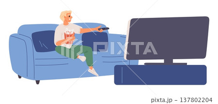 Young man with bag of popcorn sitting on sofa and watching movie on large TV. Guy on couch in front of television. Living room. Home entertainment. Weekend lazy leisure. Vector concept Young man with bag of popcorn sitting on sofa and watching movie on large TV. Guy on couch in front of television. Living room. Home entertainment. Weekend lazy leisure. Vector concept 137802204
