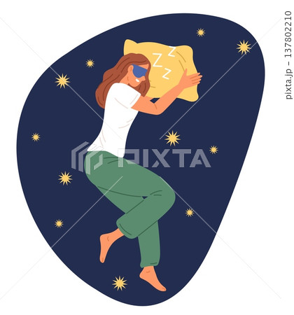 Young woman sleeps on pillow with blindfold over her eyes for deep slumber. Sleepy girl lying on bed. Dark starry night. Nighttime rest. Comfortable pose for sleeping. Vector concept Young woman sleeps on pillow with blindfold over her eyes for deep slumber. Sleepy girl lying on bed. Dark starry night. Nighttime rest. Comfortable pose for sleeping. Vector concept 137802210