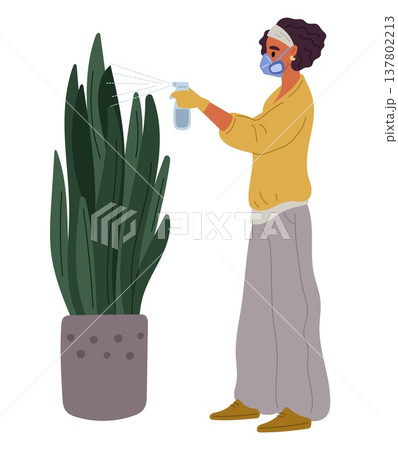 Young woman sprays houseplants to protect them from harmful insects and bacteria. Insecticide sprayer. Girl caring of plant in flowerpot. Pesticide sprinkling at foliage. Vector concept Young woman sprays houseplants to protect them from harmful insects and bacteria. Insecticide sprayer. Girl caring of plant in flowerpot. Pesticide sprinkling at foliage. Vector concept 137802213