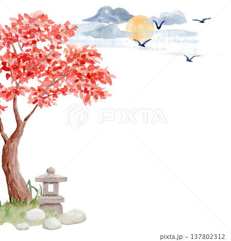 Asian landscape with red maple tree, stone lantern, sun, clouds and birds. Watercolor illustration inspired by Japanese zen garden nature, calm oriental scene with copy space for spa, wellness design Asian landscape with red maple tree, stone lantern, sun, clouds and birds. Watercolor illustration inspired by Japanese zen garden nature, calm oriental scene with copy space for spa, wellness design 137802312