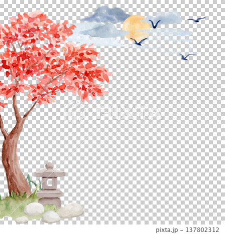 Asian landscape with red maple tree, stone lantern, sun, clouds and birds. Watercolor illustration inspired by Japanese zen garden nature, calm oriental scene with copy space for spa, wellness design Asian landscape with red maple tree, stone lantern, sun, clouds and birds. Watercolor illustration inspired by Japanese zen garden nature, calm oriental scene with copy space for spa, wellness design 137802312