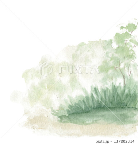 Soft watercolor forest landscape element isolated on white. Hand painted green trees, bushes and grass for natural landscape composition, garden illustration, background design, nature themed artwork. 137802314