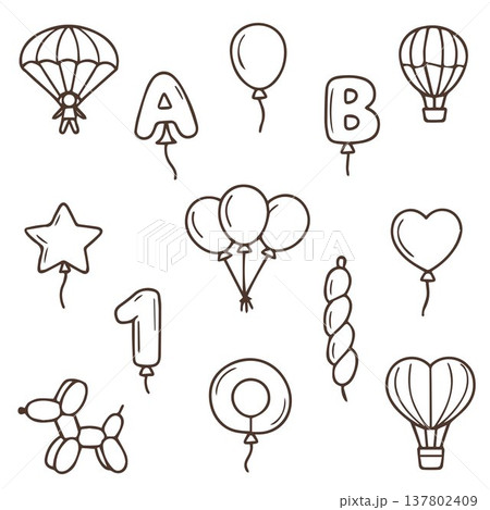 A set of pastel illustrations featuring balloons of various shapes in doodle style. Vector illustration. 137802409