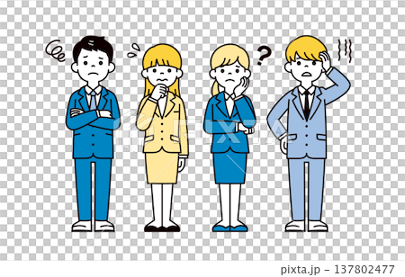 考える・悩むポーズの、リクルートスーツを着た複数のビジネスパーソンの全身ベクターイラスト素材 137802477