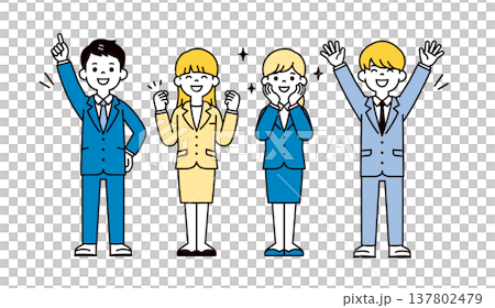 一組年輕男女、公司員工和求職者的全身向量插圖，描繪了他們慶祝獲得工作機會、接受工作或透過選拔過程的場景。 137802479