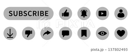 Subscribe button and social media icon set, monochrome subscribe banner with like bell play comment share download user and heart symbols, video channel interface elements for streaming platforms Subscribe button and social media icon set, monochrome subscribe banner with like bell play comment share download user and heart symbols, video channel interface elements for streaming platforms 137802493