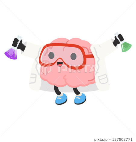 Cartoon Brain in Lab Coat Holding Beakers Cartoon Brain in Lab Coat Holding Beakers 137802771