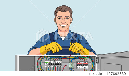 Electrician Repairing Electrical Panel Indoors Electrician Repairing Electrical Panel Indoors 137802780