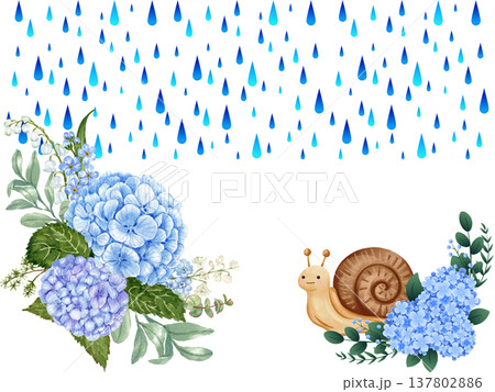 背景に青い雨粒と紫陽花とかたつむりをあしらった梅雨の水彩フレーム背景 137802886