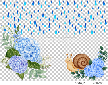 A watercolor frame background featuring blue raindrops, hydrangeas, and a snail, depicting the rainy season. 137802886