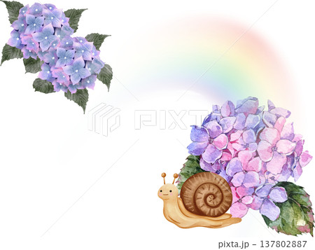 虹と紫陽花とかたつむりを描いた梅雨の水彩イラストフレーム 虹と紫陽花とかたつむりを描いた梅雨の水彩イラストフレーム 137802887
