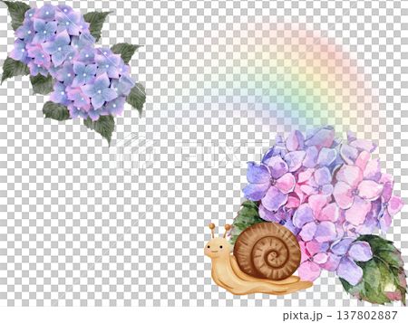A watercolor illustration frame depicting a rainbow, hydrangeas, and a snail, representing the rainy season. A watercolor illustration frame depicting a rainbow, hydrangeas, and a snail, representing the rainy season. 137802887