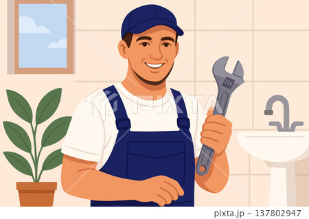 Plumber Holding Wrench Smiling at Camera Plumber Holding Wrench Smiling at Camera 137802947
