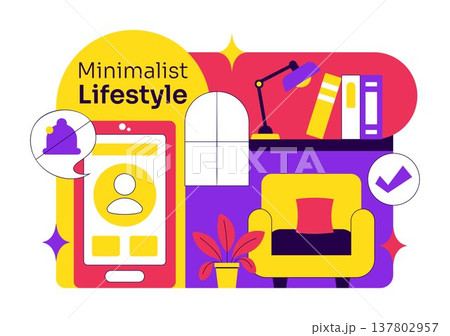 Minimalist Lifestyle Vector Illustration Featuring Simple Living Concept, Organized Home, Decluttering Habits, Sustainable Daily Routine Design 137802957