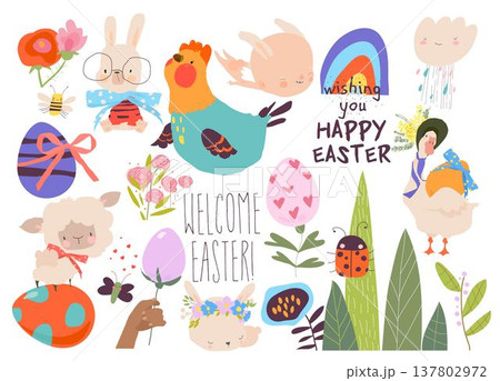 Cartoon Easter Set With Little Cartoon Bunnies, Ester Eggs and Flowers Cartoon Easter Set With Little Cartoon Bunnies, Ester Eggs and Flowers 137802972