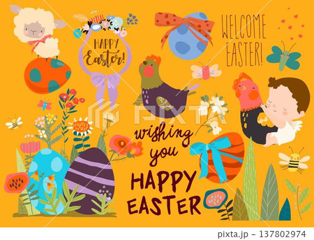 Cartoon Easter Set With Little Cartoon Angels, Ester Eggs and Flowers Cartoon Easter Set With Little Cartoon Angels, Ester Eggs and Flowers 137802974