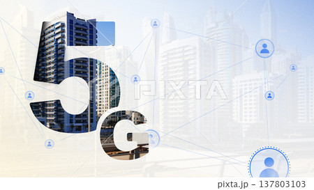 5G internet connection over city skyline with communication links to different users 137803103