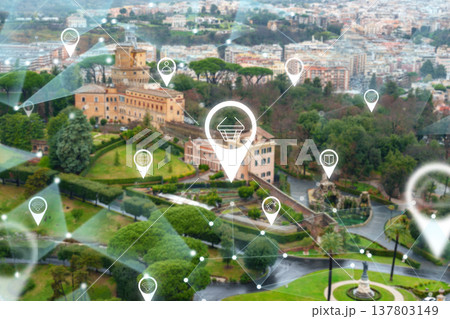 View of a hilltop location in Rome with a digital map overlay showing points of interest View of a hilltop location in Rome with a digital map overlay showing points of interest 137803149