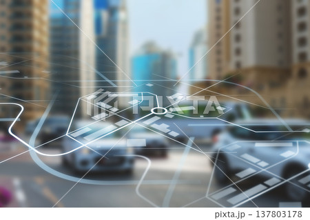 View of city traffic with digital map overlay showing streets and roads 137803178