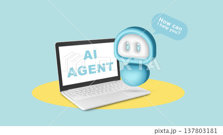 AI agent offers help with a laptop on a blue background during a digital interaction 137803181