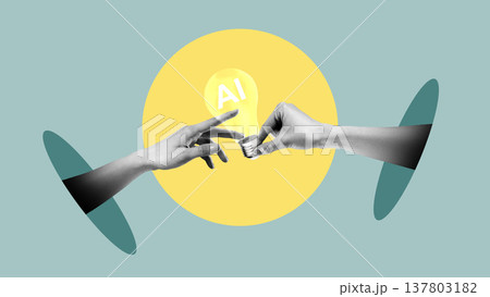 Hands exchanging coin with AI text in light bulb against colored background Hands exchanging coin with AI text in light bulb against colored background 137803182