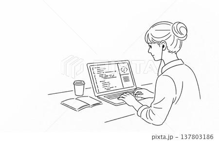パソコンでプログラミング作業をする女性の線画イラスト 137803186