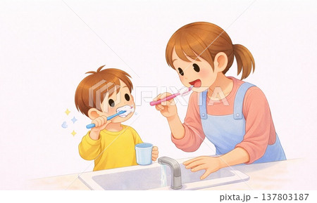 保育園で歯磨きを教える先生と子どものイラスト 137803187