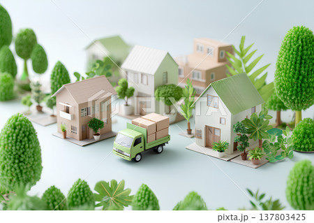 引っ越し作業をする人々とトラック新生活や転勤を描くミニチュア風イラスト 137803425