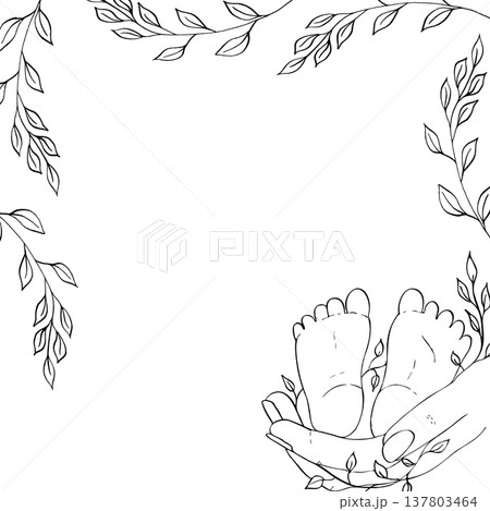Vector frame. Parent holding in the hands feet of newborn baby template. Hand painted linear contour delicate twig with leaves. Graphic clipart isolated. Botanical, tattoo sketch. For designers Vector frame. Parent holding in the hands feet of newborn baby template. Hand painted linear contour delicate twig with leaves. Graphic clipart isolated. Botanical, tattoo sketch. For designers 137803464