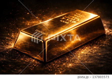 輝く粒子が舞う暗い背景に置かれた金の延べ棒のクローズアップ 富や高級感 投資と金融の象徴 137803573