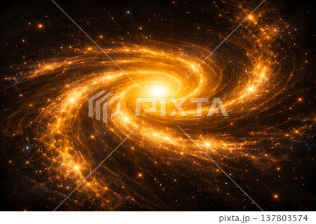 無数の星が輝く黄金色の渦巻銀河 宇宙エネルギーと天文学的神秘を表現したディープスペース背景 137803574