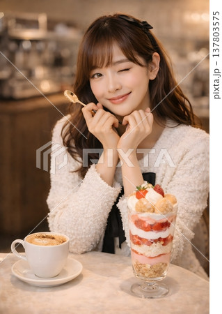 温かみのあるカフェでいちごパフェとコーヒーを楽しみながらウインクする可愛い若い女性 137803575