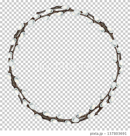 Easter wreath with pussy willow branches. Botanical watercolor clipart of spring renewal and Easter celebration isolated on white background for invitations, cards and seasonal design Easter wreath with pussy willow branches. Botanical watercolor clipart of spring renewal and Easter celebration isolated on white background for invitations, cards and seasonal design 137803691