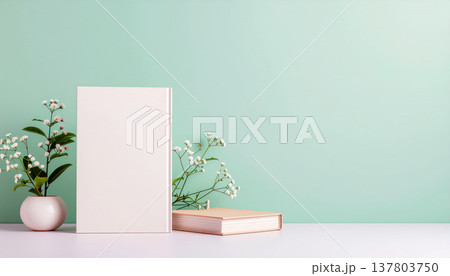 白い本と小さな花を添えたシンプルで清潔感のあるグリーン背景の読書イメージ 白い本と小さな花を添えたシンプルで清潔感のあるグリーン背景の読書イメージ 137803750